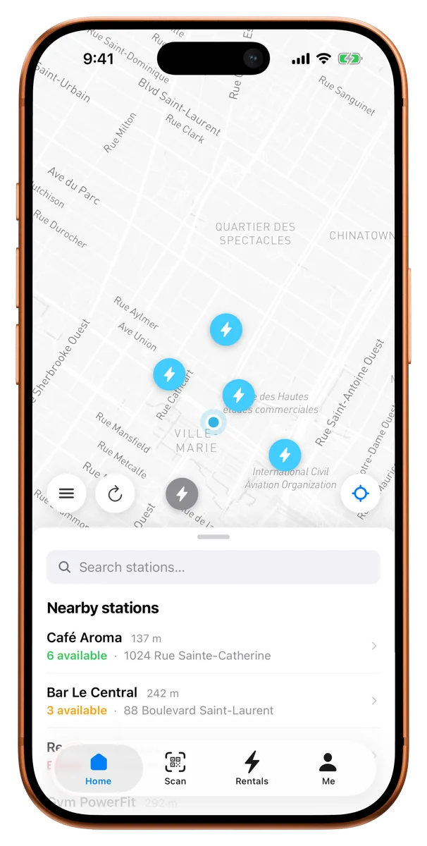 L'application sur un iPhone: une carte de Montréal avec les bornes disponibles et la liste des stations les plus proches.